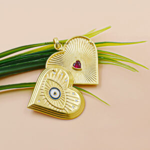 Designer Sliding Heart Pendant with Evil Eye Charm in Gold Plated Sterling Silver Jewelry