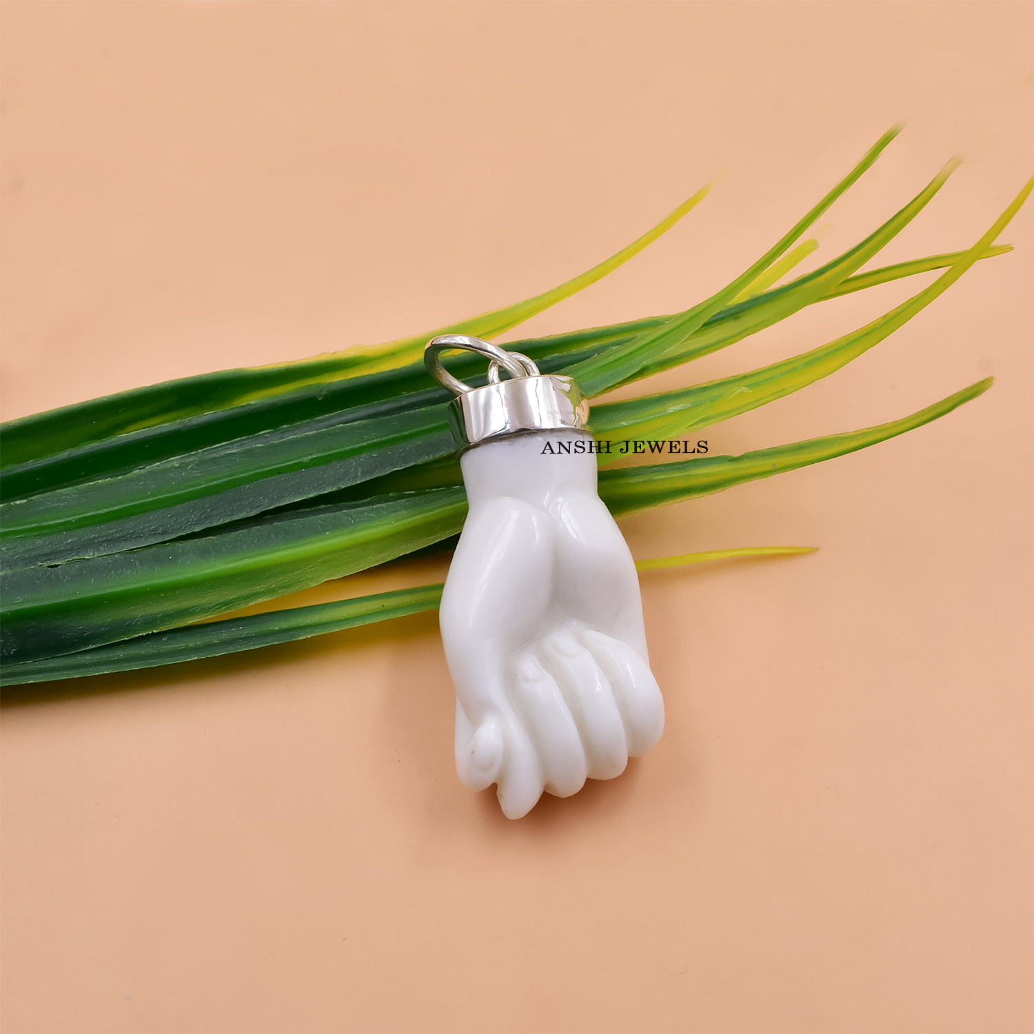 Guardian Hand White Agate Pendant in 925 Sterling Silver