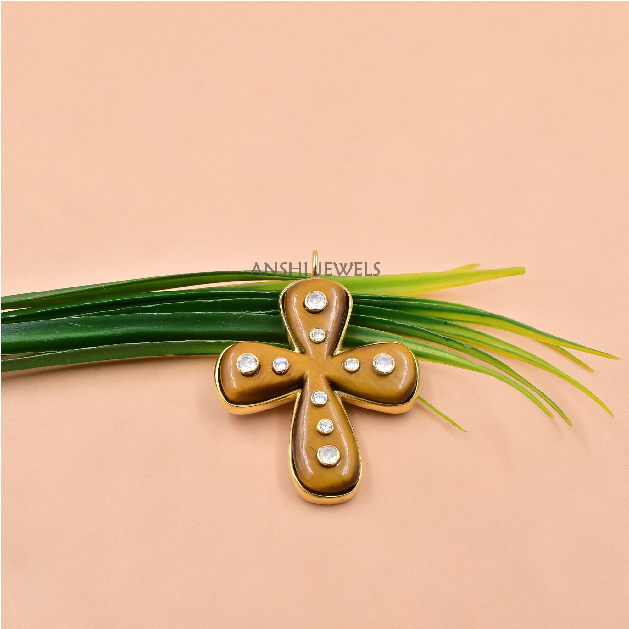 Tiger’s Eye Cross Pendant in Sterling Silver with White CZ – Protective Charm Jewelry