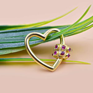 14k Gold Plated Silver Heart Carabiner Lock With Pink CZ Screw — Open Heart Carabiner Clasp For Chains