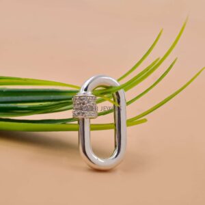 White Cubic Zirconia Screw Carabiner Lock In Sterling Silver Necklace Clasp
