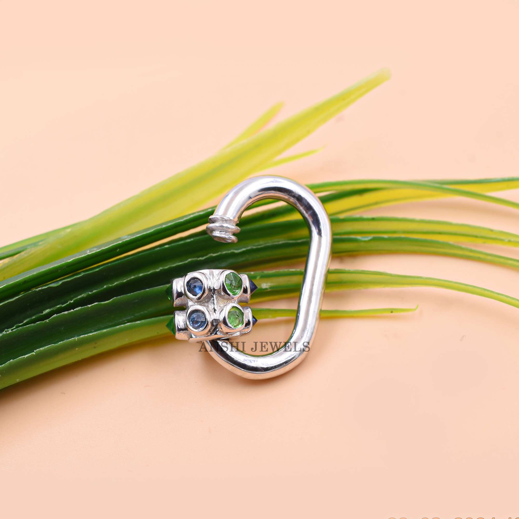 Blue Sapphire and Tsavorite Oval Lock Charm in Premium 925 Sterling Silver - Image 3