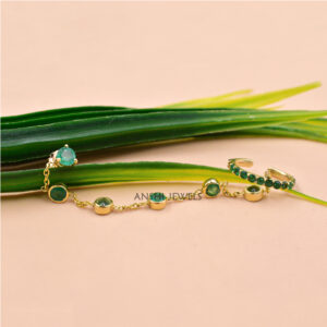14k Gold Plated Green Cubic Zirconia Sterling Silver Chain Ear Cuff Earring In Sterling Silver
