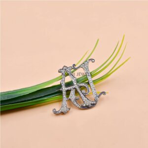 Diamond “AJ-JA” Letter Monogram Brooch in Gray Plated Sterling Silver