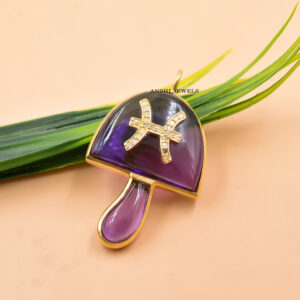 Amethyst Mushroom Pendant with Diamond Accent in Gold Plated Silver