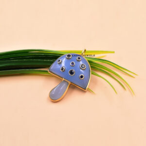 Chalcedony Mushroom Pendant with Blue Sapphire Accent in Sterling Silver