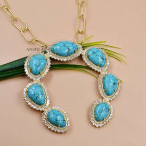 Silver Turquoise Necklace with Brilliant White CZ Accents