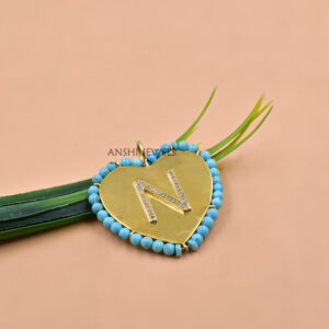 Turquoise Border Heart Charm with Diamond N Letter – Custom Initial Jewelry Pendant