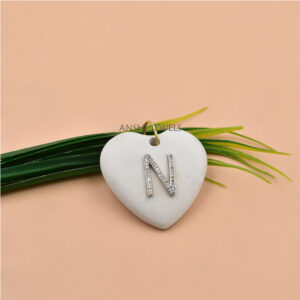 White Agate Heart Charm with Diamond N Letter – Elegant Silver Pendant