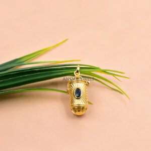 14k Gold Plated Mystic Prayer Box Pendant in Sterling Silver with Blue & Ruby CZ
