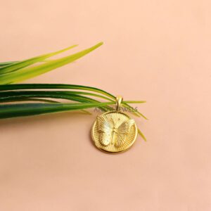 14K Gold-Plated Butterfly Medallion Pendant with Textured Silver Coin Charm