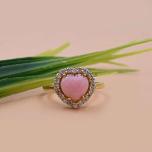 Heart-Shaped Pink Opal Ring with Moissanite Accents in Gold Plated Silver