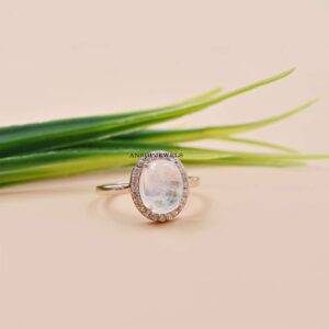 Oval Moonstone Halo Ring with Diamonds in Rose Gold Plating Sterling Silver