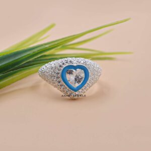Designer Heart Shape White CZ Ring with Blue Enamel in Sterling Silver