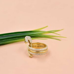 Gold Plated Triple Layer Safety Pin Ring with White CZ Bands In Sterling Silver