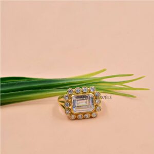 14k Gold Plated Modern Emerald Cut CZ Halo Fashion Ring In Sterling Silver