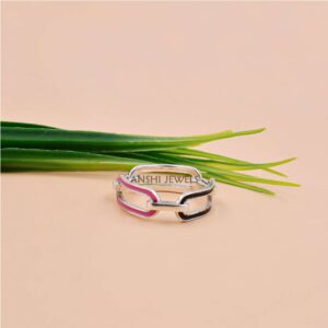Modern Paperclip Ring with Colorful Enamel Accents In 925 Sterling Silver