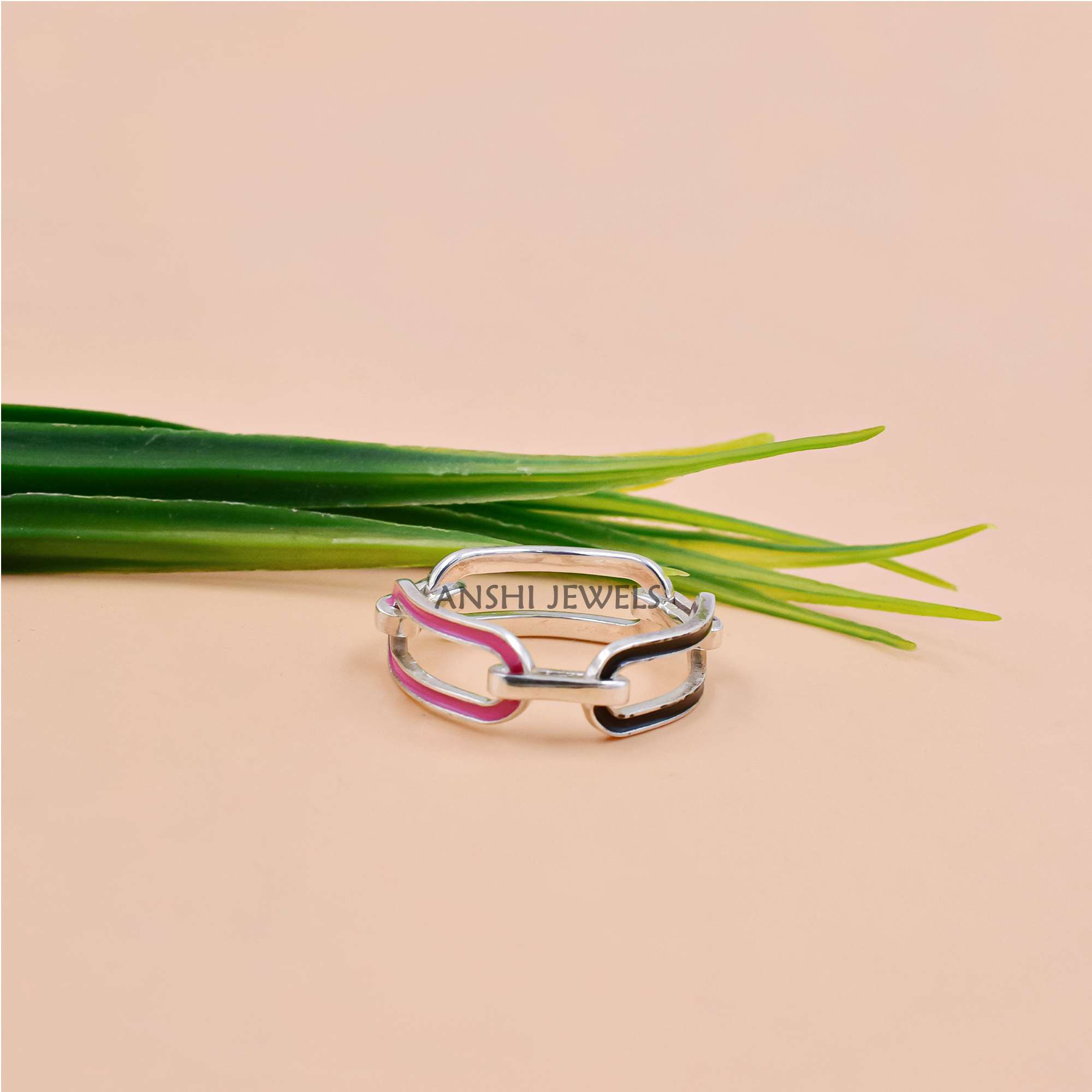 Modern Paperclip Ring with Colorful Enamel Accents In 925 Sterling Silver