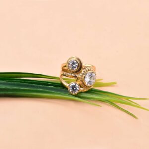 14k Gold Plated Designer Three-Stone White CZ Cocktail Ring for Women In Sterling Silver