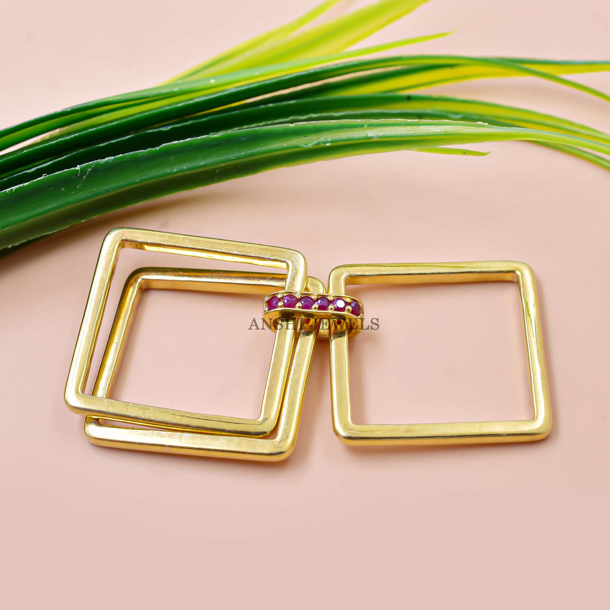 Square Three-Band Ring with Ruby Linked Connector In Sterling Slver - Image 3