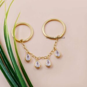 14k Gold Plated Double Finger Teardrop CZ Chain Ring In Sterling Silver