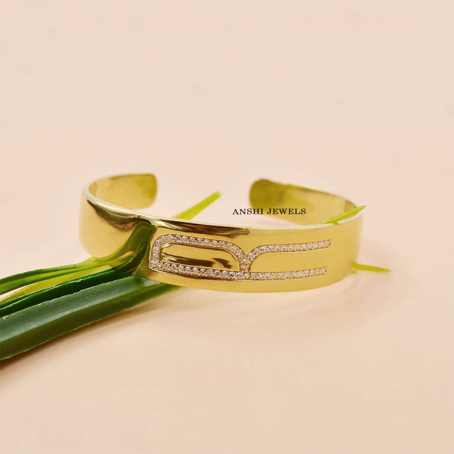 Personalized White CZ R Initial Bangle in Gold Plated Sterling Silver