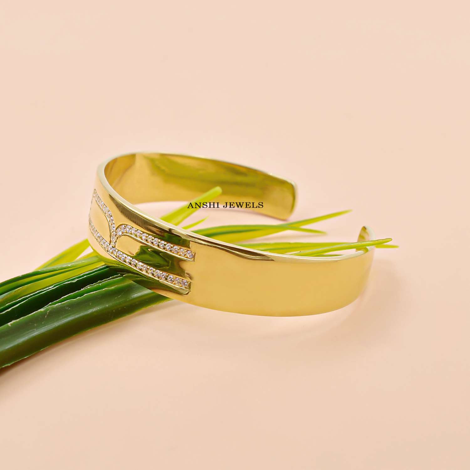 Personalized White CZ R Initial Bangle in Gold Plated Sterling Silver - Image 3