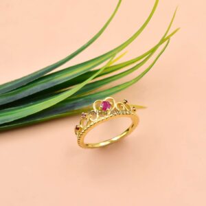 Elegant Ruby Tiara Ring in 14K Gold Plated Sterling Silver Crown Band Design