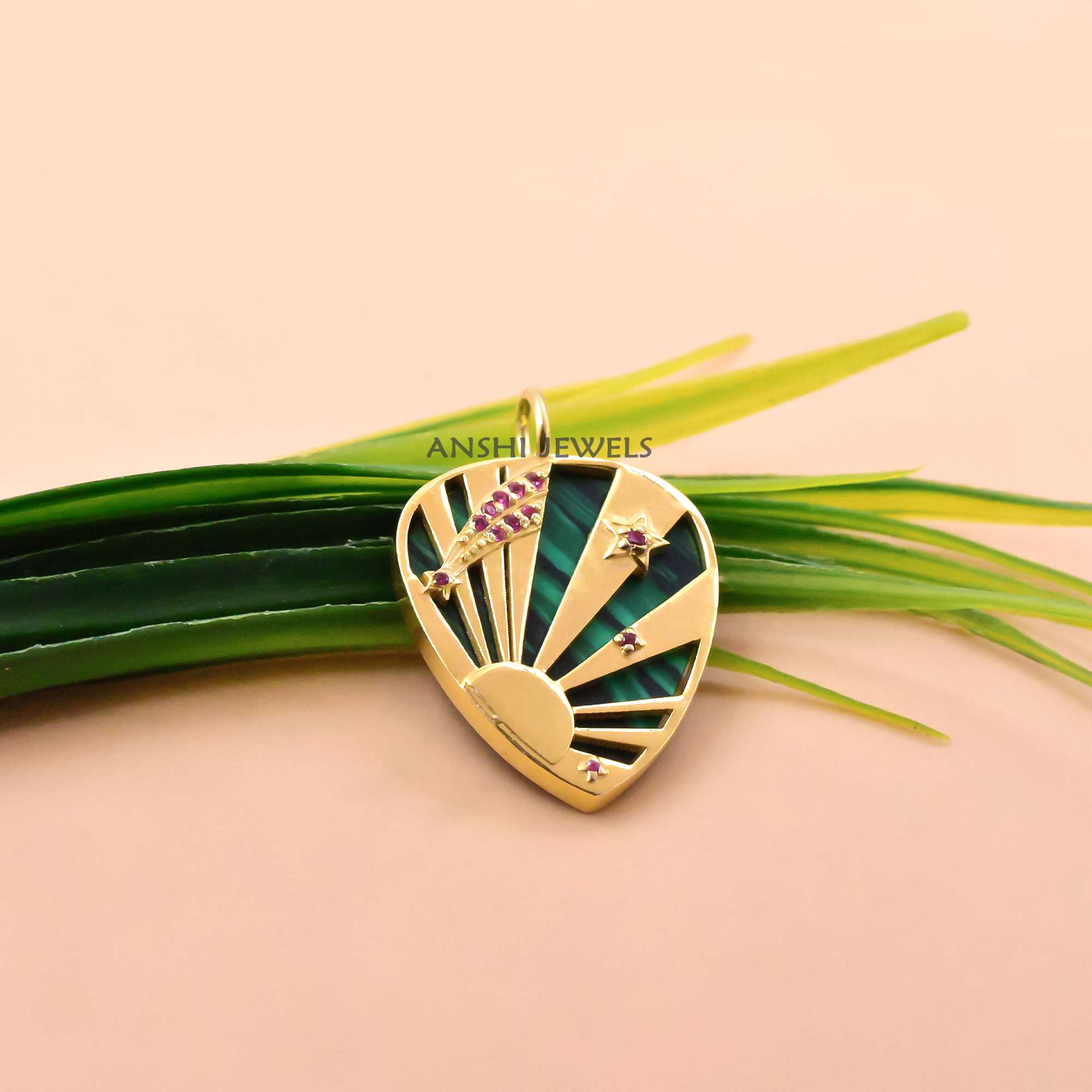 14k Gold Plated Malachite Celestial Sunburst Pendant, 925 Sterling Silver Jewelry