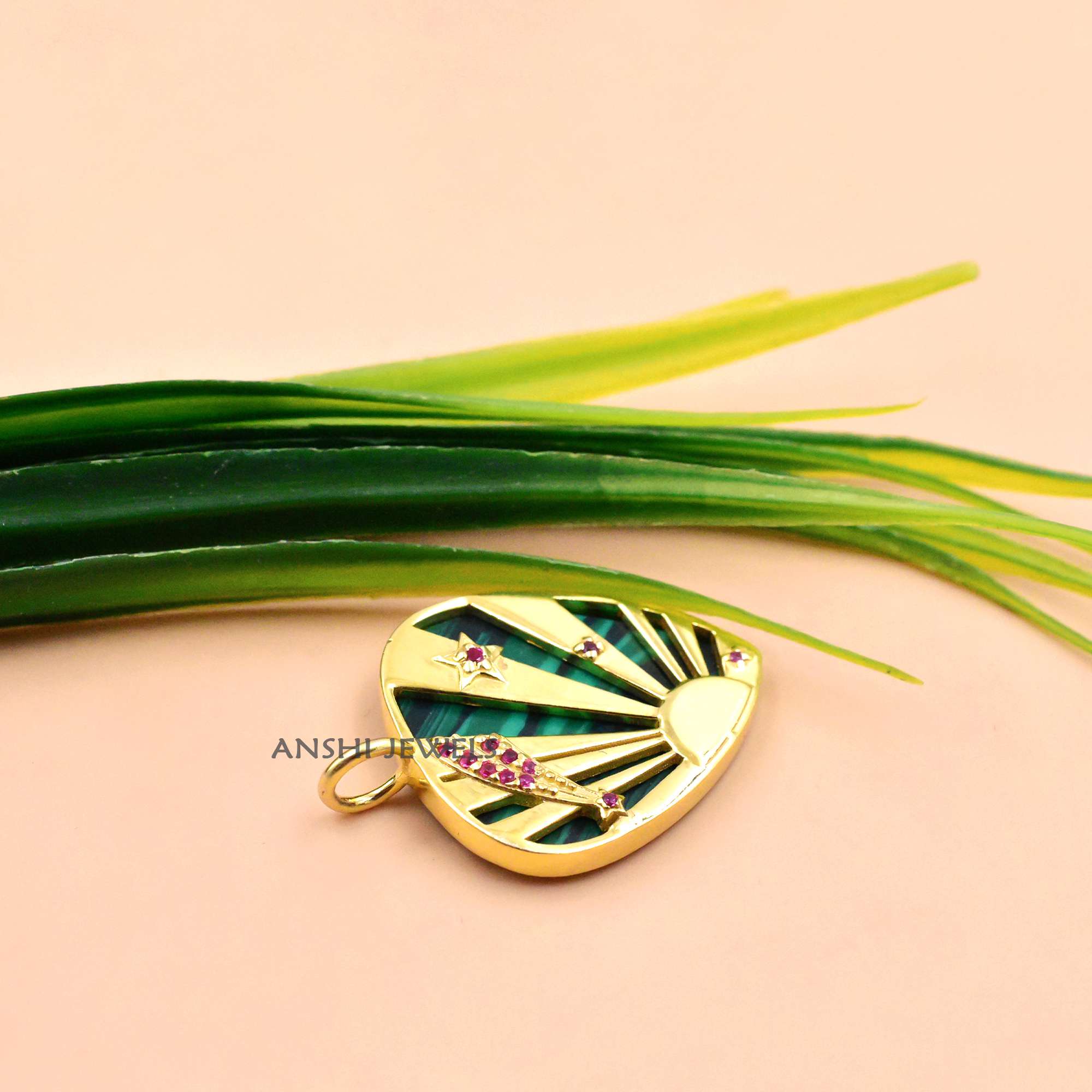 14k Gold Plated Malachite Celestial Sunburst Pendant, 925 Sterling Silver Jewelry - Image 3