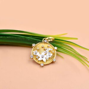 14k Gold Plated CZ Floral Lily Medallion Pendant in 925 Sterling Silver