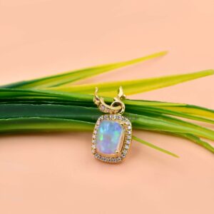14K Gold Cushion Cut Opal & Moissanite Pendant, Sterling Silver Jewelry