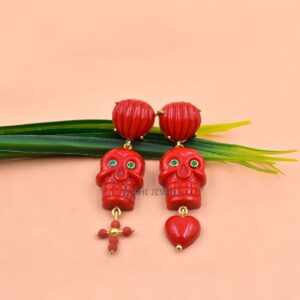 Carved Red Coral Skull Drop Earrings in Gold-Tone Sterling Silver