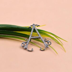 Moissanite Calligraphy Letter A Brooch in Grey-Plated Custom Silver Jewelry