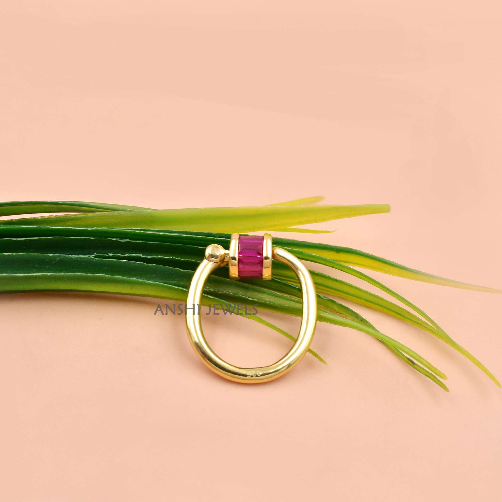 Ruby CZ Baguette Jewelry Connector Clasp In Gold Plated 925 Silver