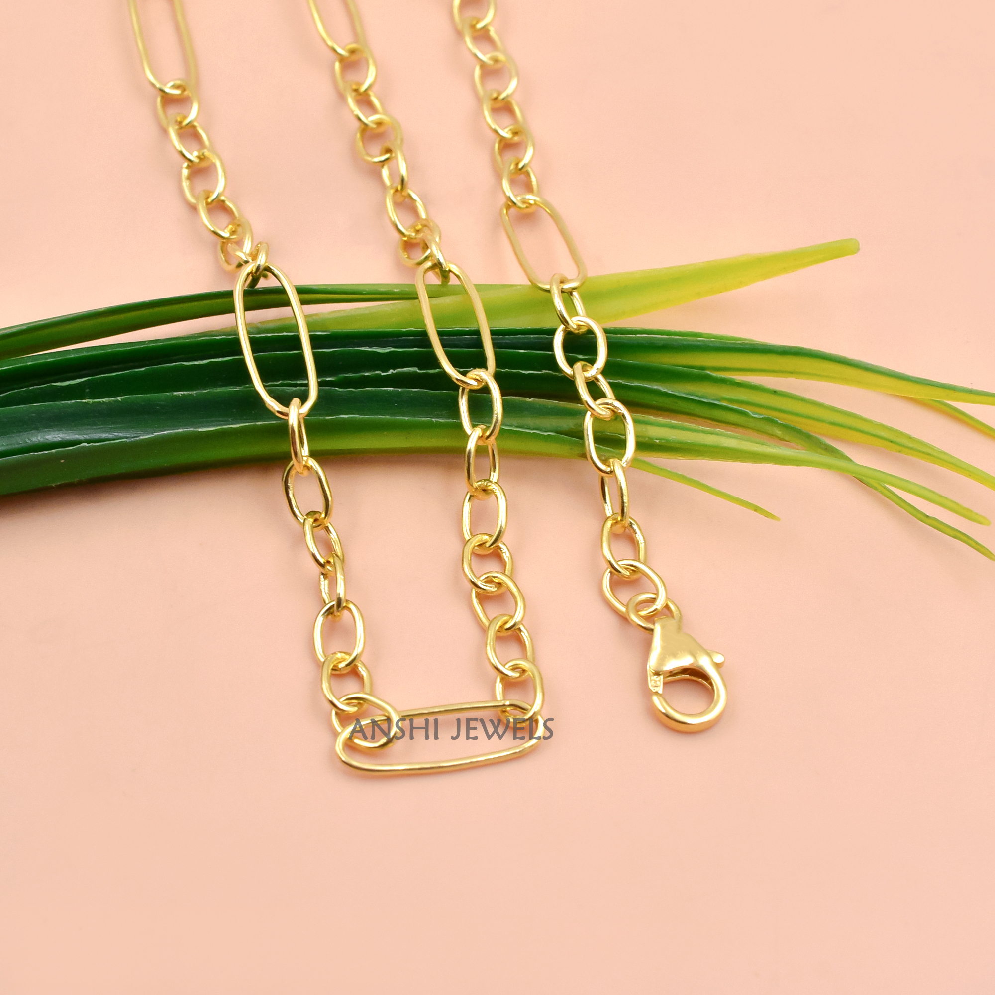 14k Gold Plated Elongated Oval Link, Paperclip Chain In Sterling Silver - Image 2