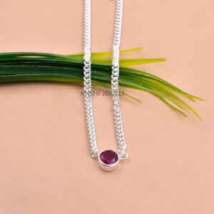 925 Sterling Silver Ruby Pendant Necklace, Curb Link Chain