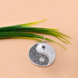 Silver Black Spinel & Luminous Mother of Pearl Yin Yang Medallion Pendant