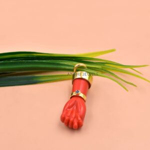 14K Gold-Plated Silver Red Coral Figa Hand Pendant with CZ Cuff