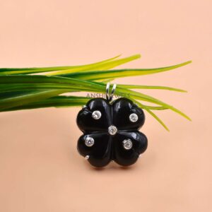925 Sterling Silver Carved Black Onyx Four-Leaf Clover Pendant with CZ