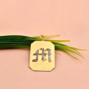 Old English Diamond M Letter Dog Tag Pendant, Custom Silver Monogram Pendant for Necklace