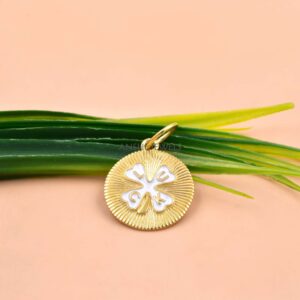 14k Gold-Plated White Enamel Four Heart Clover Pendant, Silver Charm For Necklace