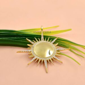 14k Gold-Plated CZ Sun Pendant For Necklace, 925 Silver Jewelry