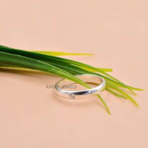 925 Silver Band with Inset White CZ; Smooth Polish Silver Band