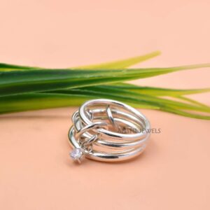Interlocking Connected Loop Ring in 925 Sterling Silver with Solitaire CZ Dangle