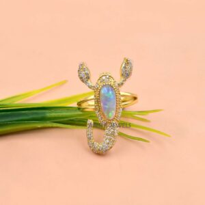Silver Scorpion Statement Ring with Opal Stone & CZ, Bold Gothic Fashion Jewelry