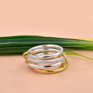 925 Sterling Silver 4 Set Ring with Gold Plated Links, Interlocking Two Tone Diamond Ring