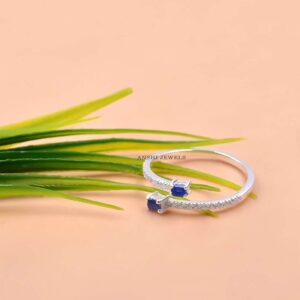 925 Sterling Silver Blue Sapphire & Moissanite Open Cuff Ring