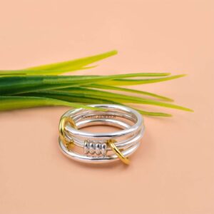 Two Tone Silver 3 Band Linked Ring, Gold Plated Connector Jump Rings Ribbed Node Stacking Ring