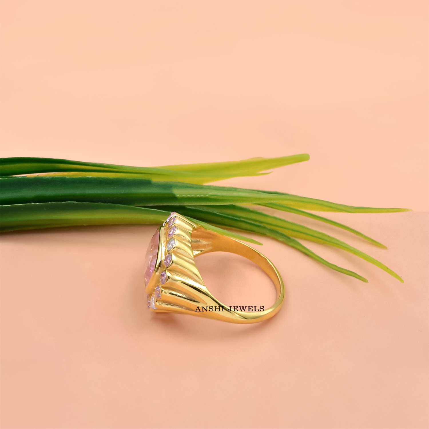 Cushion Cut Pink CZ Statement Ring,925 Sterling Silver Gold Finish Cocktail Ring - Image 3
